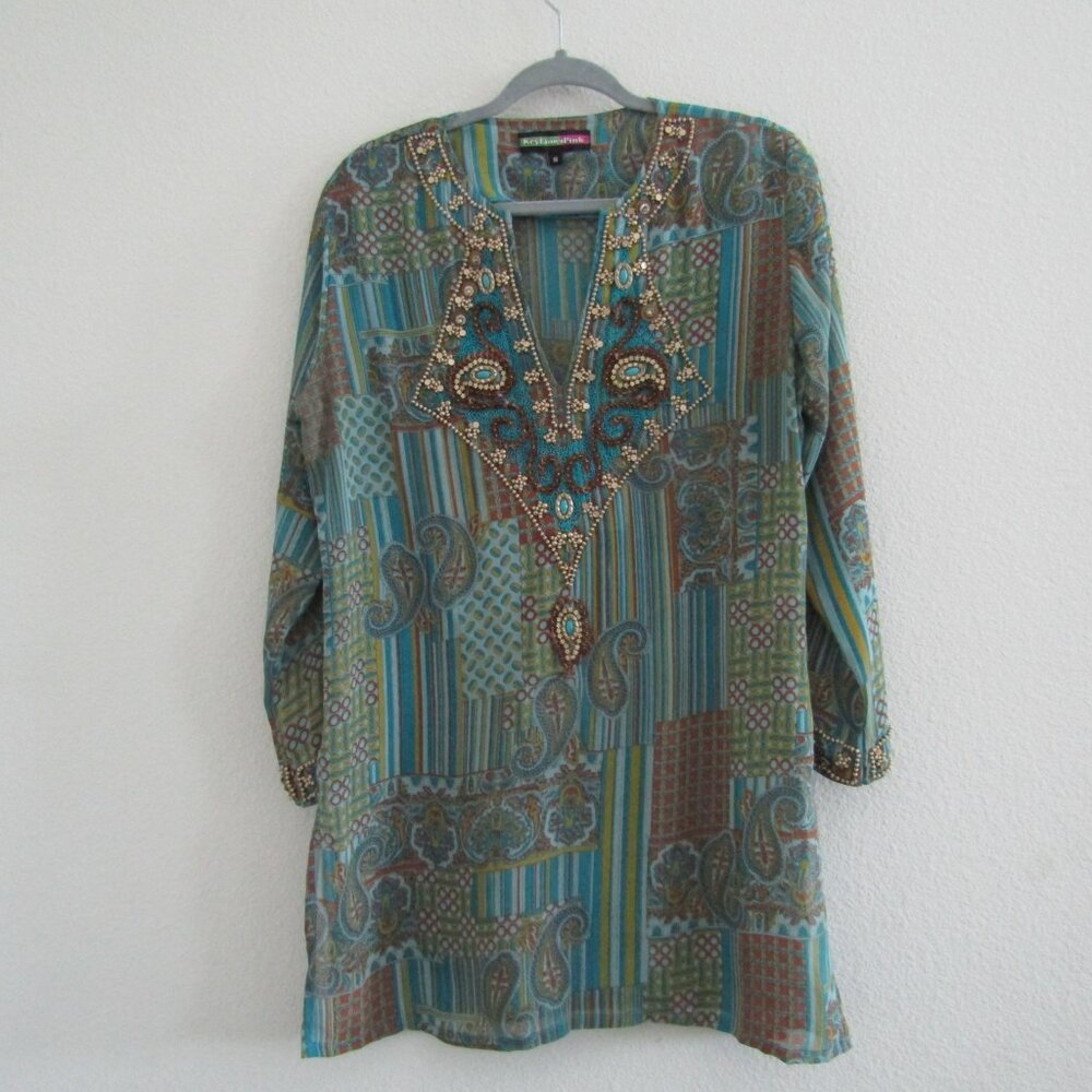 Women's Tunic Top Beaded Sheer Boho Maximalist Medium Green